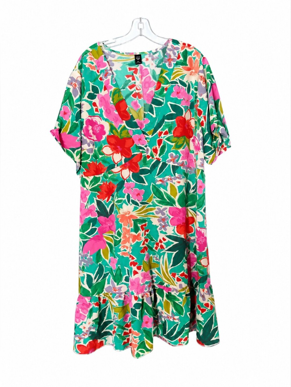SHEIN Green Floral V-Neck Midi Dress with Pink & Red Blooms